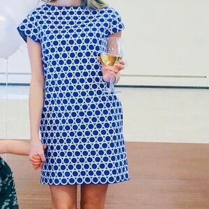 Blue and White Geometric Sheath Dress with Bateau Neckline